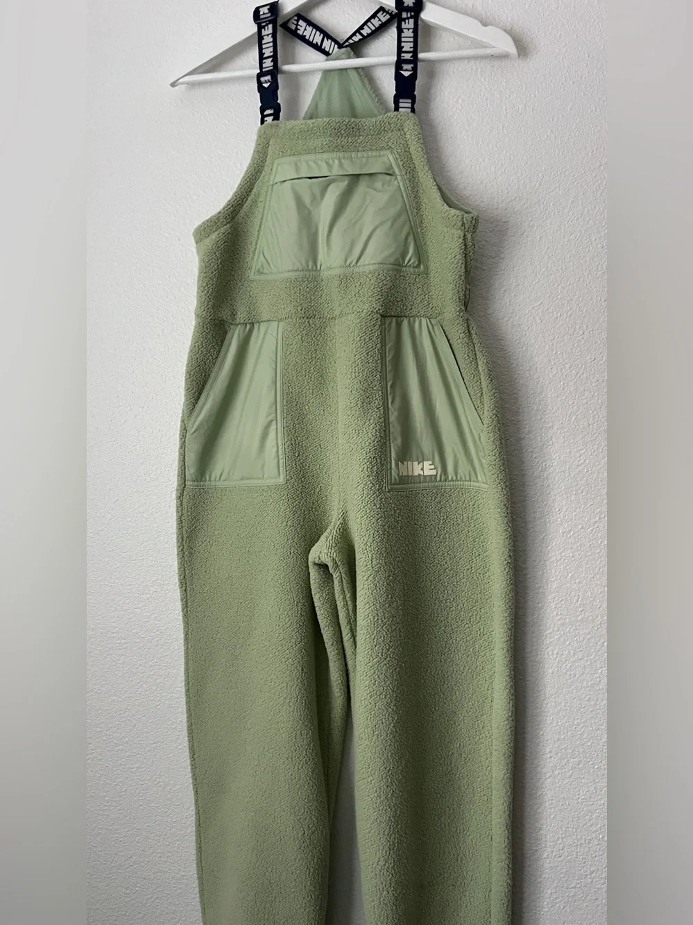 NWOT Nike Olive Green Fleece Overalls Jumpsuit with Branded Straps
